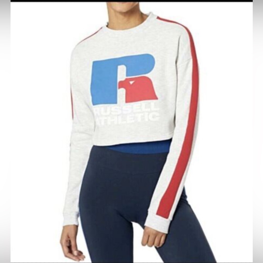 Russell Athletic Women's White Cropped Crewneck Sweatshirt with Red Stripe small